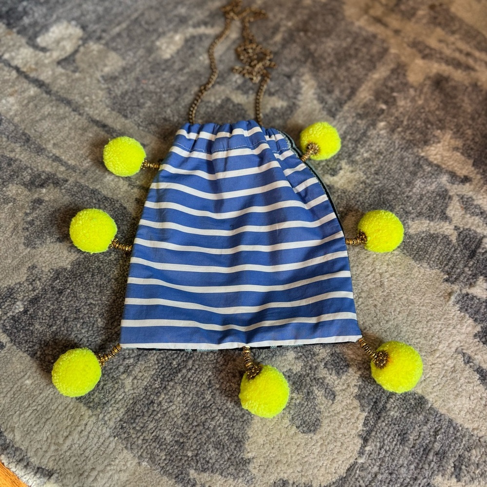 Striped Blue and Yellow Pom-Pom Bag